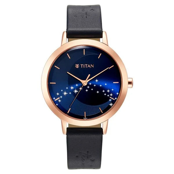 Titan Memento Blue Dial Analog Leather Strap Watch for Women