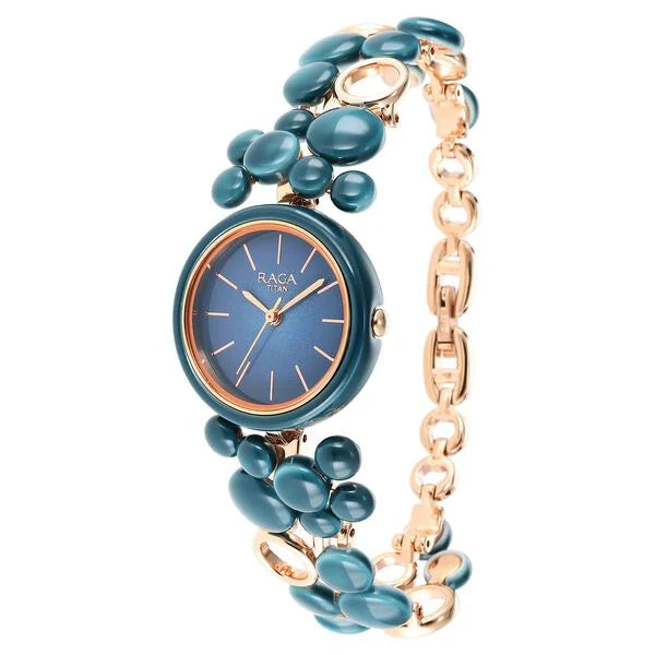 Titan Quartz Analog Blue Dial Metal Strap Watch for Women