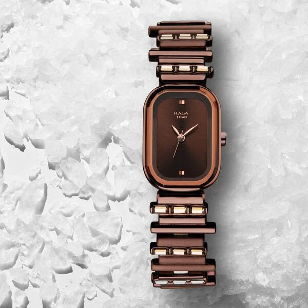 Titan Raga Women's Love all: Elegant Oval Brown Dial & Metal Strap Watch