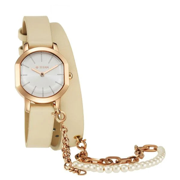 Titan Purple Unending Beauty Off White Dial Analog Leather Strap watch for Women