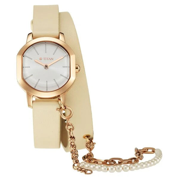 Titan Purple Unending Beauty Off White Dial Analog Leather Strap watch for Women