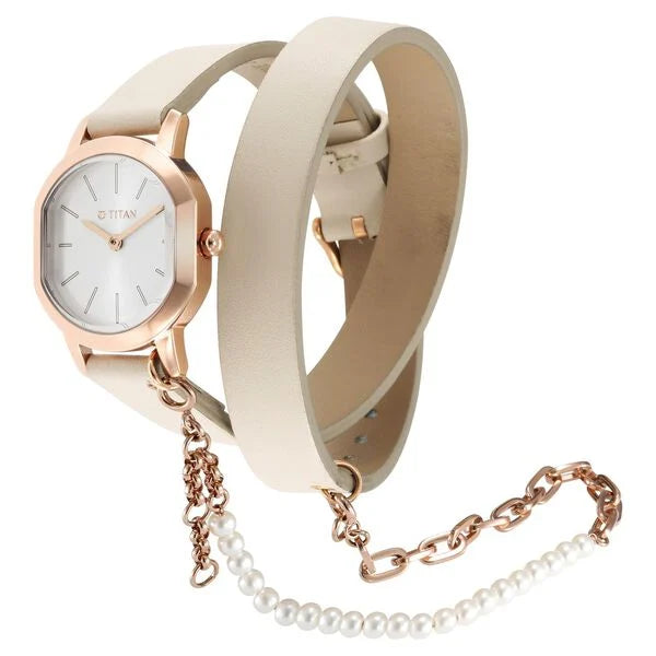 Titan Purple Unending Beauty Off White Dial Analog Leather Strap watch for Women