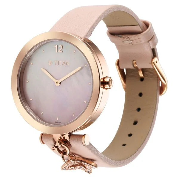 Titan Purple Unending Beauty Quartz Analog Mother Of Pearl Dial Leather Strap watch for Women