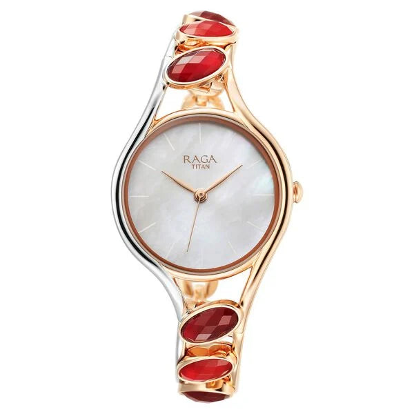 Titan Raga New You Quartz Analog Mother Of Pearl Dial Garnet stone bi-metal Strap Watch for Women