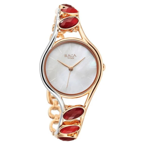 Titan Raga New You Quartz Analog Mother Of Pearl Dial Garnet stone bi-metal Strap Watch for Women