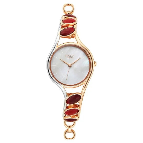 Titan Raga New You Quartz Analog Mother Of Pearl Dial Garnet stone bi-metal Strap Watch for Women