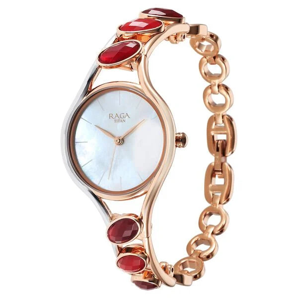 Titan Raga New You Quartz Analog Mother Of Pearl Dial Garnet stone bi-metal Strap Watch for Women