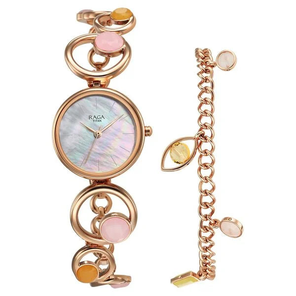 Titan Raga New You Quartz Analog Mother Of Pearl Citrine and Rose Quartz stones Strap for Women