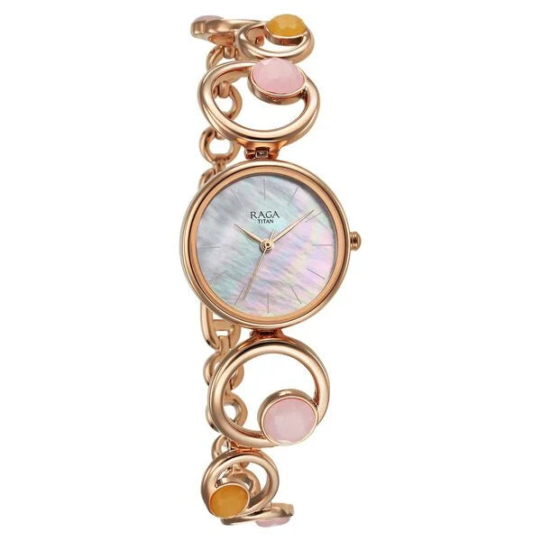 Titan Raga New You Quartz Analog Mother Of Pearl Citrine and Rose Quartz stones Strap for Women