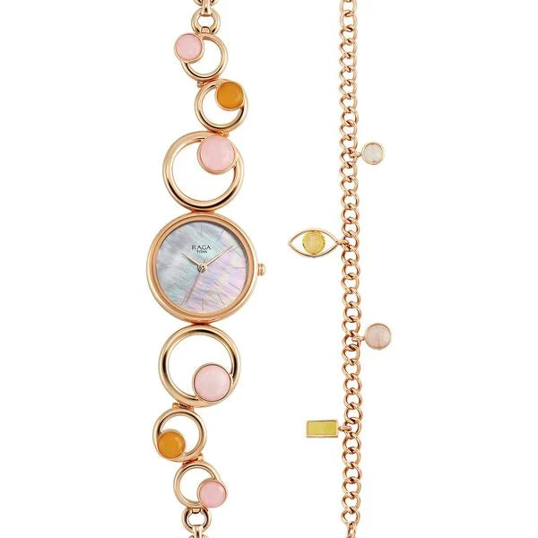 Titan Raga New You Quartz Analog Mother Of Pearl Citrine and Rose Quartz stones Strap for Women