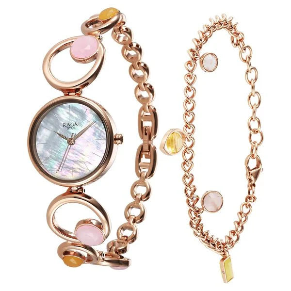 Titan Raga New You Quartz Analog Mother Of Pearl Citrine and Rose Quartz stones Strap for Women