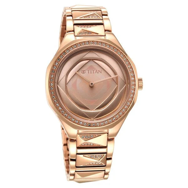 Titan Purple Glitz Rose Gold Dial Analog Stainless Steel Strap Watch for Women