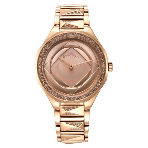 Titan Purple Glitz Rose Gold Dial Analog Stainless Steel Strap Watch for Women