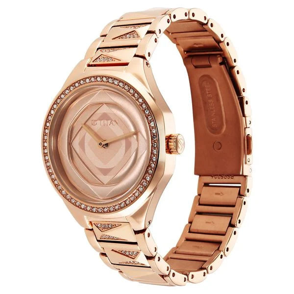 Titan Purple Glitz Rose Gold Dial Analog Stainless Steel Strap Watch for Women