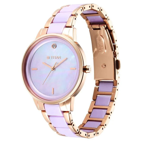Titan Purple Ceramics Mother of pearl Dial Analog Steel and Ceramic Strap Watch for Women