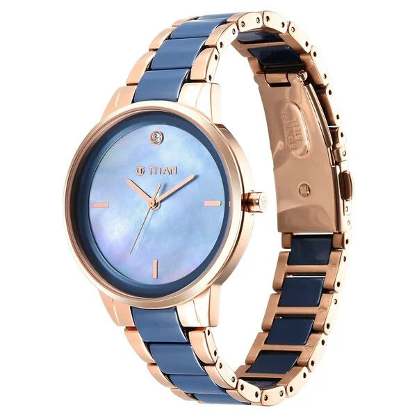 Titan Purple Ceramics Blue Dial Analog Steel and Ceramic Strap watch for Women