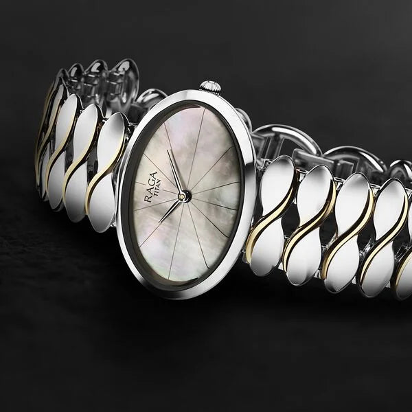 Titan Raga Silver Quartz Analog Mother Of Pearl Dial Sterling Silver Metal Strap And Case Watch For Women