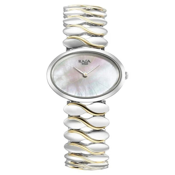 Titan Raga Silver Quartz Analog Mother Of Pearl Dial Sterling Silver Metal Strap And Case Watch For Women