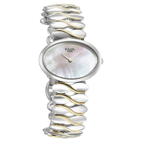 Titan Raga Silver Quartz Analog Mother Of Pearl Dial Sterling Silver Metal Strap And Case Watch For Women