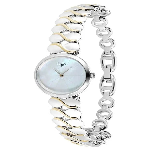 Titan Raga Silver Quartz Analog Mother Of Pearl Dial Sterling Silver Metal Strap And Case Watch For Women