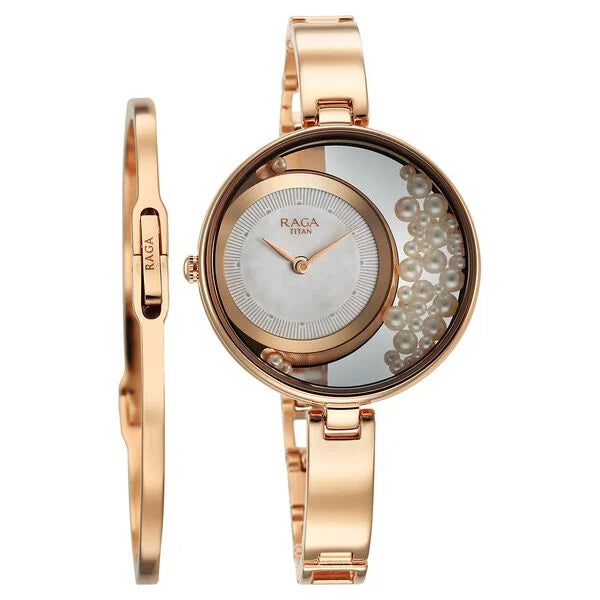 Titan Raga Power Pearls Quartz Analog White Dial with loose pearls Metal Strap Watch for Women