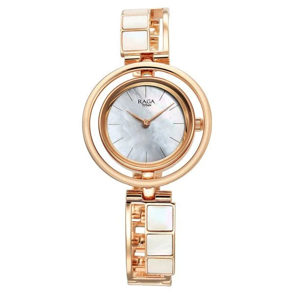 Titan Raga Power Pearls Quartz Analog Mother Of Pearl Dial Metal Strap Watch for Women