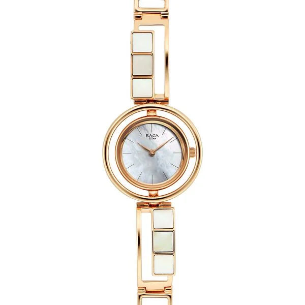 Titan Raga Power Pearls Quartz Analog Mother Of Pearl Dial Metal Strap Watch for Women