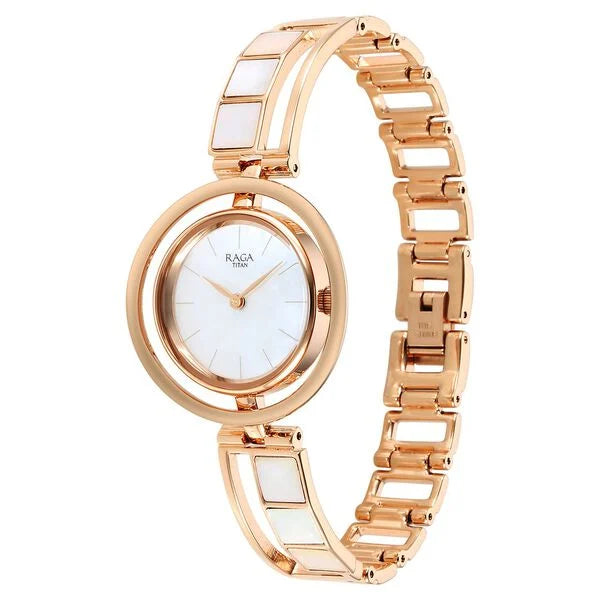 Titan Raga Power Pearls Quartz Analog Mother Of Pearl Dial Metal Strap Watch for Women