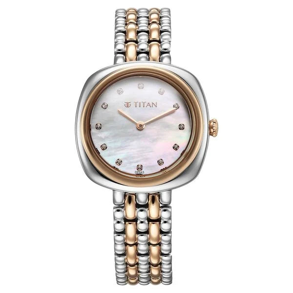 Titan Aura Quartz Analog White Mother Of Pearl Dial Rose Gold and Silver Stainless Steel Strap Watch for Women