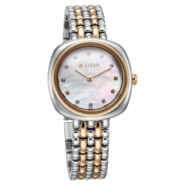 Titan Aura Quartz Analog White Mother Of Pearl Dial Rose Gold and Silver Stainless Steel Strap Watch for Women