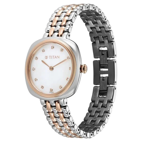 Titan Aura Quartz Analog White Mother Of Pearl Dial Rose Gold and Silver Stainless Steel Strap Watch for Women