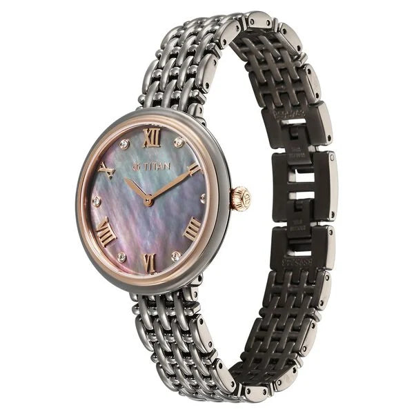 Titan Aura Quartz Analog Titanium Mother of Pearl Dial Titanium Stainless Steel Strap Watch for Women