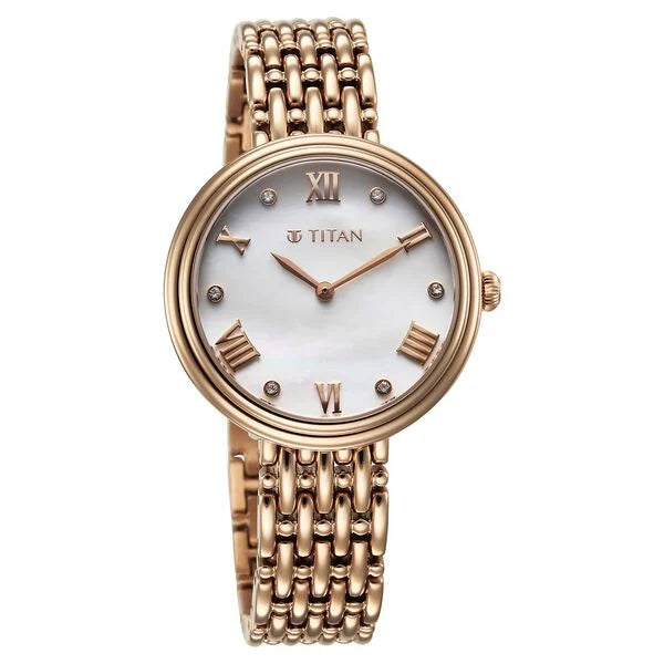 Titan Aura Quartz Analog White Mother of Pearl Dial Rose Gold Stainless Steel Strap Watch for Women