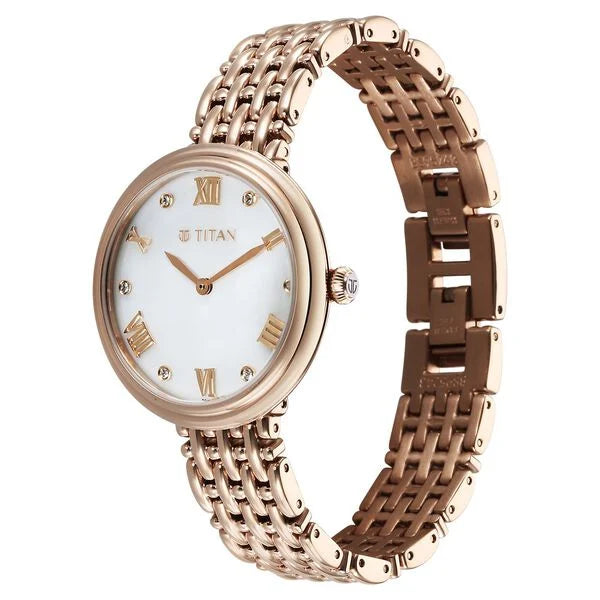 Titan Aura Quartz Analog White Mother of Pearl Dial Rose Gold Stainless Steel Strap Watch for Women
