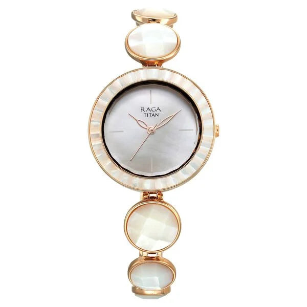 Titan Raga Power Pearls Quartz Analog Mother Of Pearl Dial faceted MOP Strap Watch for Women