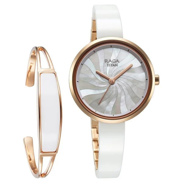 Titan Raga Memoirs Quartz Analog Mother Of Pearl Dial With White Ceramic Strap Watch For Women