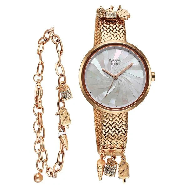 Titan Raga Memoirs Quartz Analog Mother Of Pearl Dial With Rose Gold Metal Strap Watch For Women