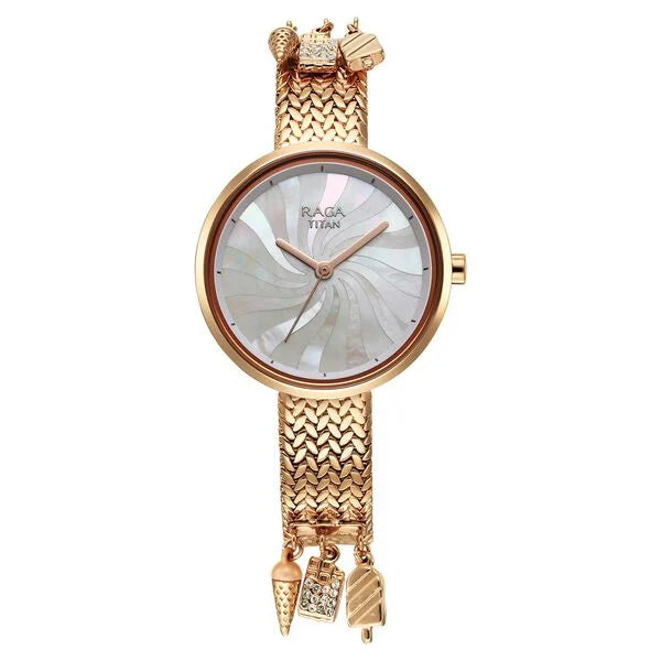 Titan Raga Memoirs Quartz Analog Mother Of Pearl Dial With Rose Gold Metal Strap Watch For Women