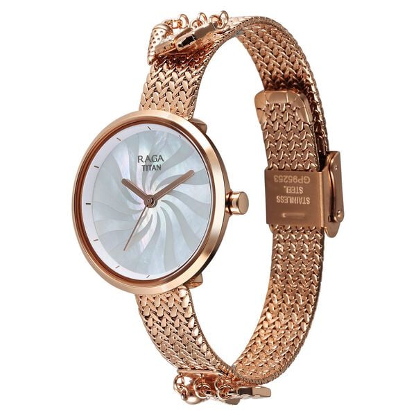 Titan Raga Memoirs Quartz Analog Mother Of Pearl Dial With Rose Gold Metal Strap Watch For Women