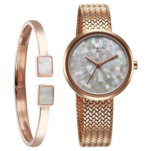 Titan Raga Memoirs Quarz Analog Perlmutt Zifferblatt mit Roségold Metallarmband Uhr für Damen