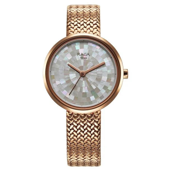 Titan Raga Memoirs Quarz Analog Perlmutt Zifferblatt mit Roségold Metallarmband Uhr für Damen