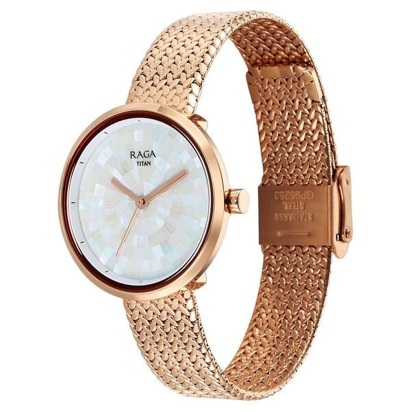 Titan Raga Memoirs Quarz Analog Perlmutt Zifferblatt mit Roségold Metallarmband Uhr für Damen