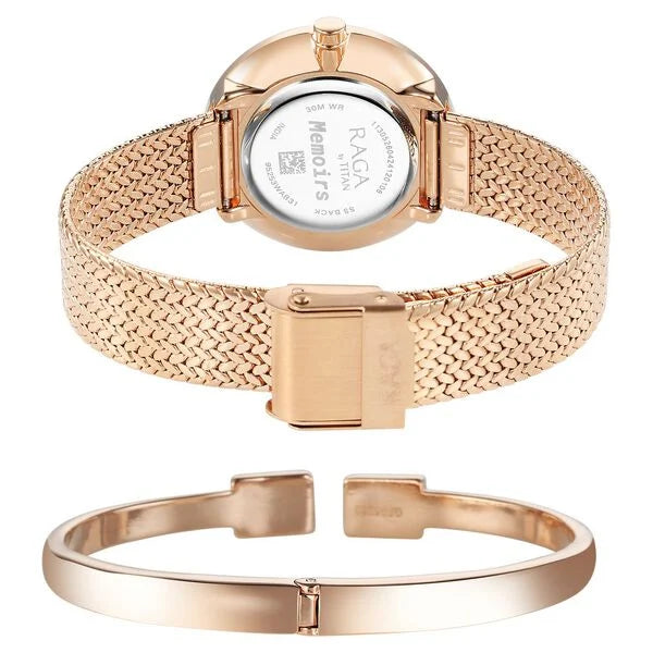Titan Raga Memoirs Quarz Analog Perlmutt Zifferblatt mit Roségold Metallarmband Uhr für Damen