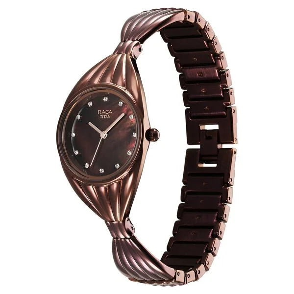 Titan Raga Memoirs Quarz Analog Perlmutt Zifferblatt mit braunem Metallarmband Uhr für Damen