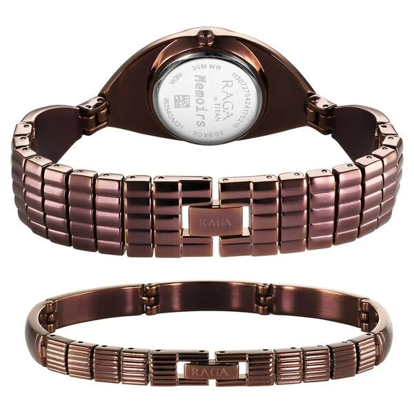 Titan Raga Memoirs Quarz Analog Perlmutt Zifferblatt mit braunem Metallarmband Uhr für Damen