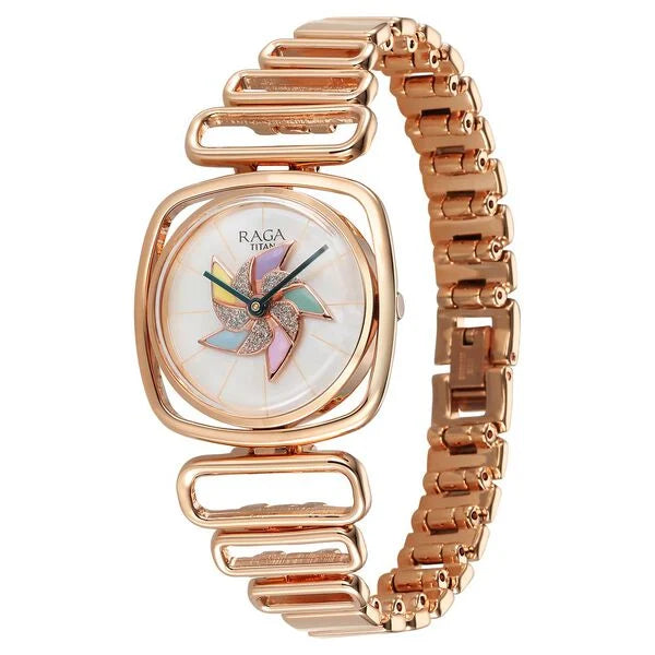 Titan Raga Memoirs Quartz Analog Mother of Pearl Dial With Rose Gold Color Metal Strap Watch For Women