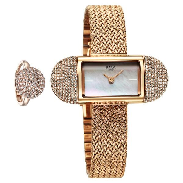 Titan Raga Memoirs Quartz Analog Mother Of Pearl Dial With Rose Gold Metal Strap Watch For Women