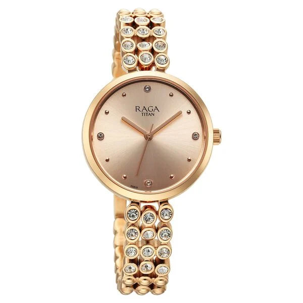 Titan Raga Showstopper Quartz Analog Rose Gold Dial Metal Strap Watch for Women