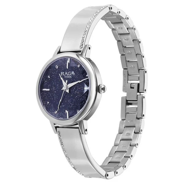 Titan Raga Showstopper Quartz Analog Blue Dial Metal Strap Watch for Women