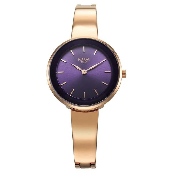 Titan Raga Showstopper Purple Dial Rose Gold Metal Strap Watch for Women